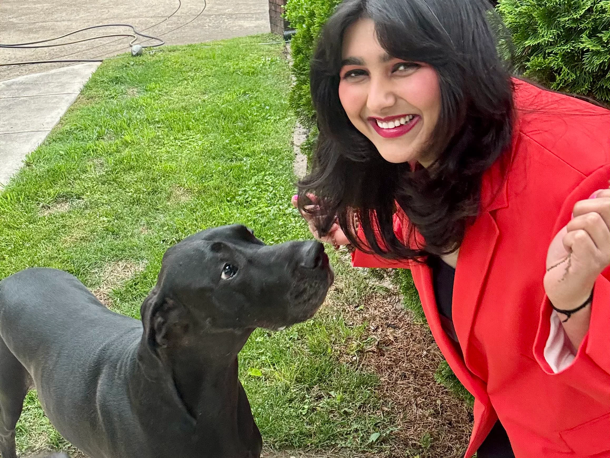 Bery Law founder smiling and interacting with a black dog outdoors