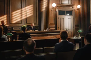 Civil litigation courtroom with judge and legal proceedings in session