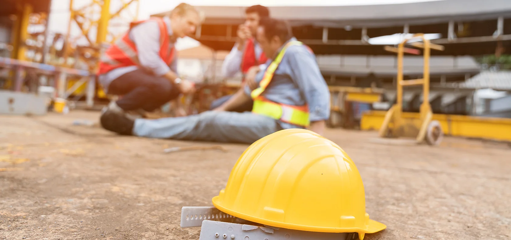 Injured construction worker with safety helmet on site representing personal injury law