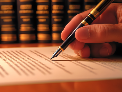 Attorney signing legal contract with law books in the background
