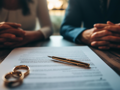 Divorce agreement with wedding rings and couple seated across the table