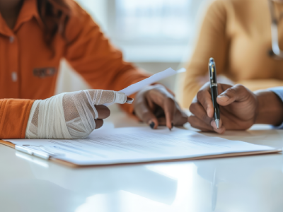 Injured person signing legal paperwork for personal injury claim assistance