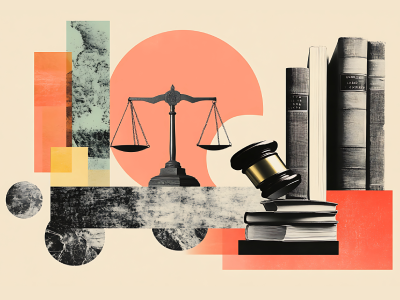 Abstract design of justice scales, gavel, and law books representing trial readiness